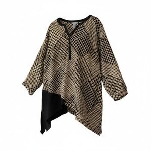 Catherines Womens Plus Sz 3X Brown Black Geometric Blouse Hanky Hem Color Block‎